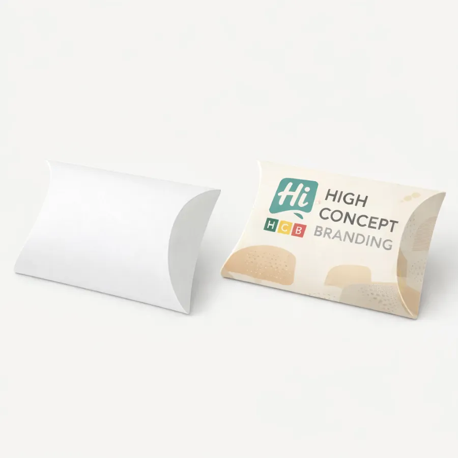 A pair of curved pillow boxes- one plain and one featuring high-concept brand logos- class=